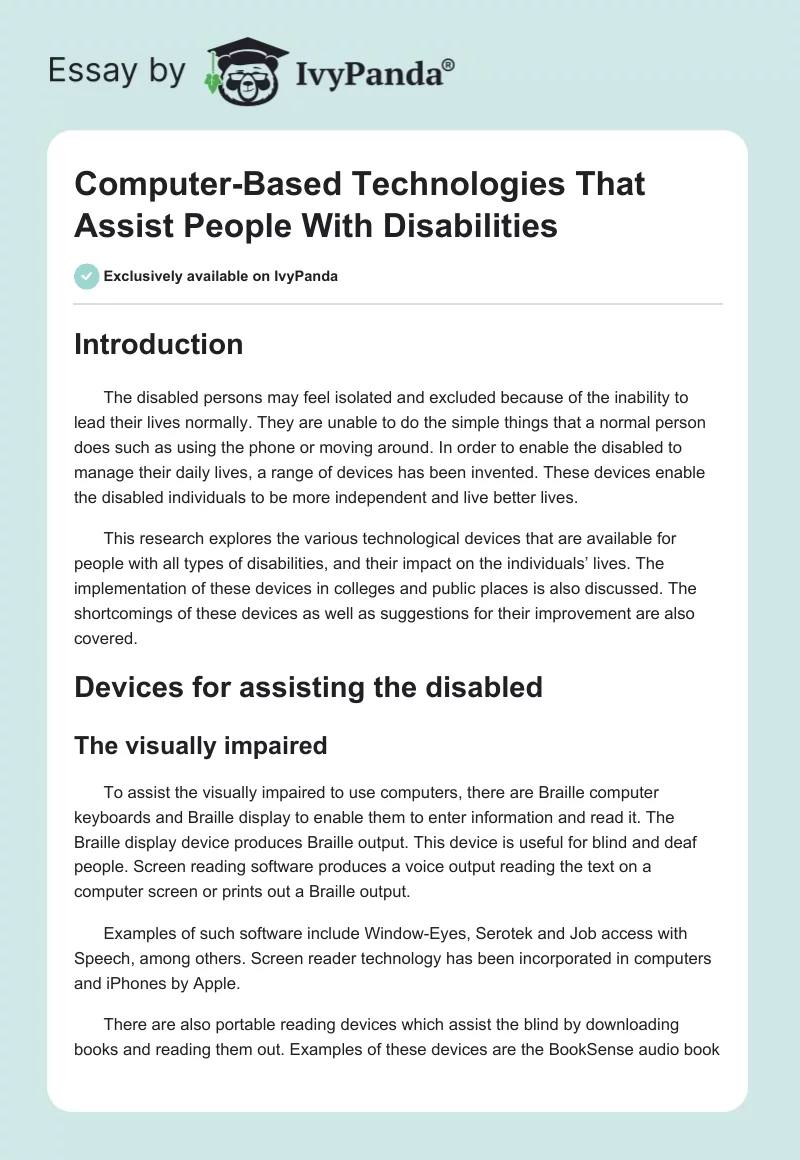 Computer-Based Technologies That Assist People With Disabilities. Page 1