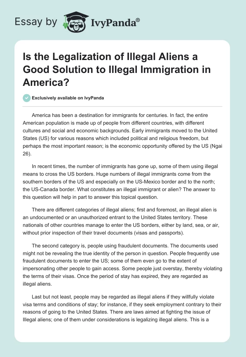 Is the Legalization of Illegal Aliens a Good Solution to Illegal Immigration in America?. Page 1