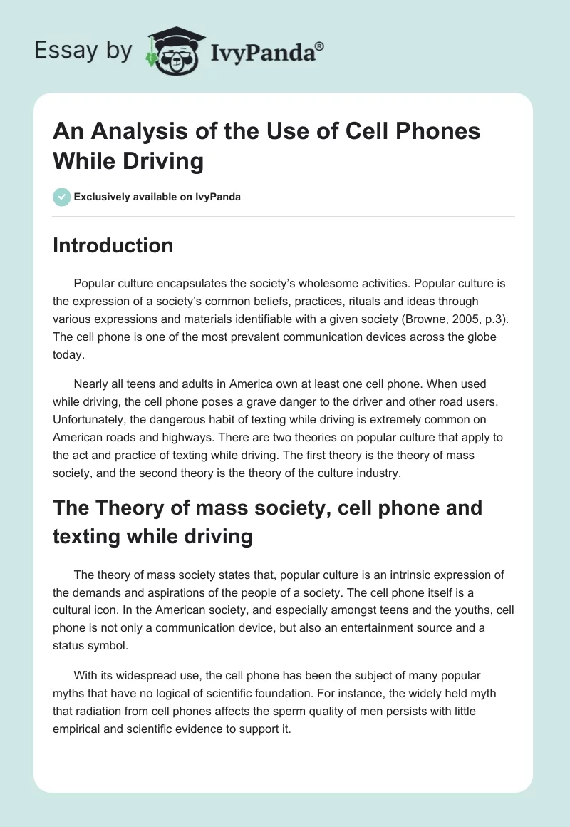 An Analysis of the Use of Cell Phones While Driving. Page 1