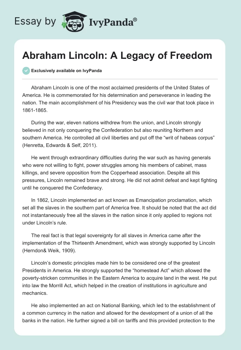 Abraham Lincoln: A Legacy of Freedom. Page 1