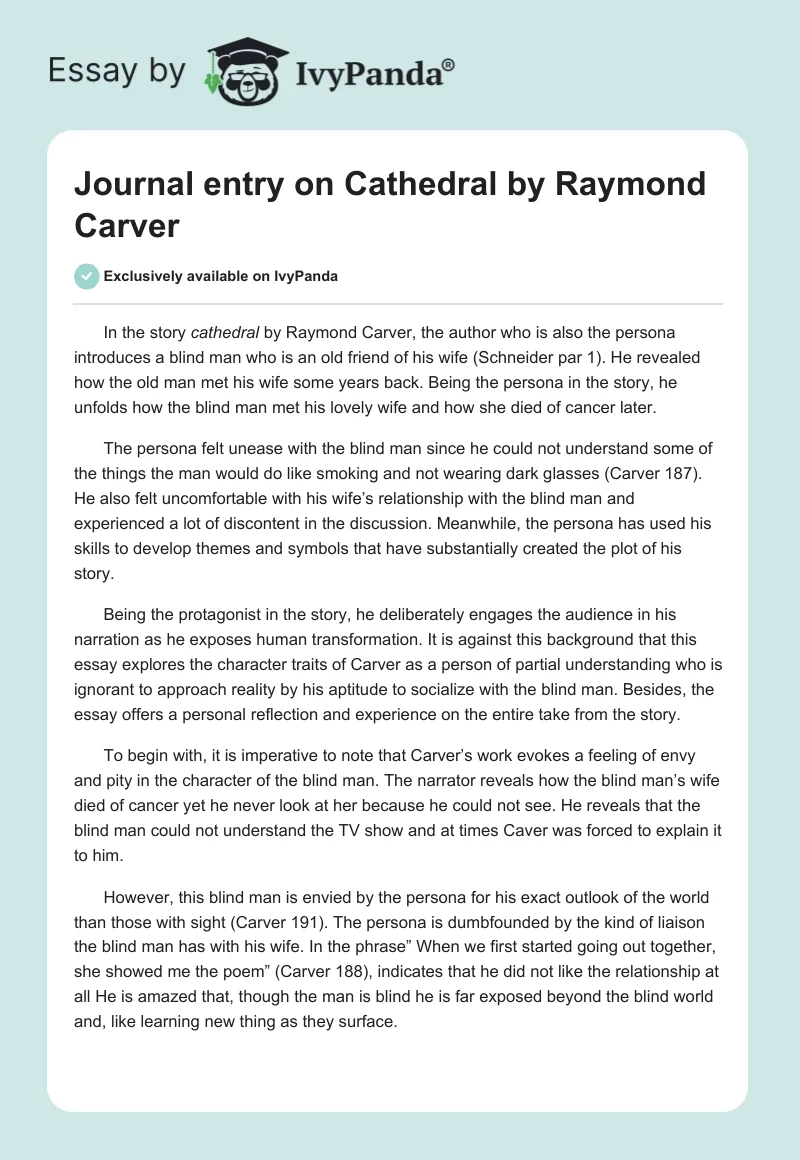 Journal entry on Cathedral by Raymond Carver. Page 1