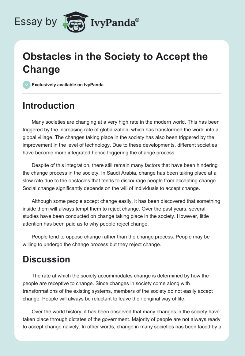 Obstacles in the Society to Accept the Change. Page 1
