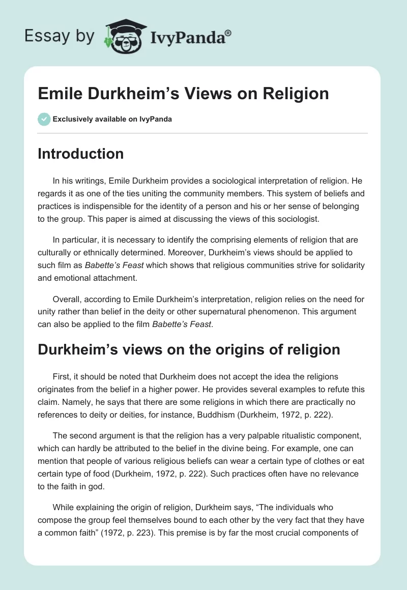 Emile Durkheim’s Views on Religion. Page 1