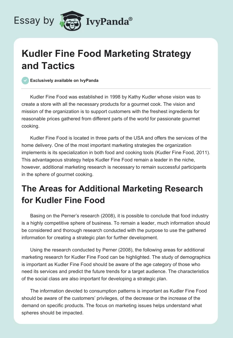 Kudler Fine Food Marketing Strategy and Tactics. Page 1