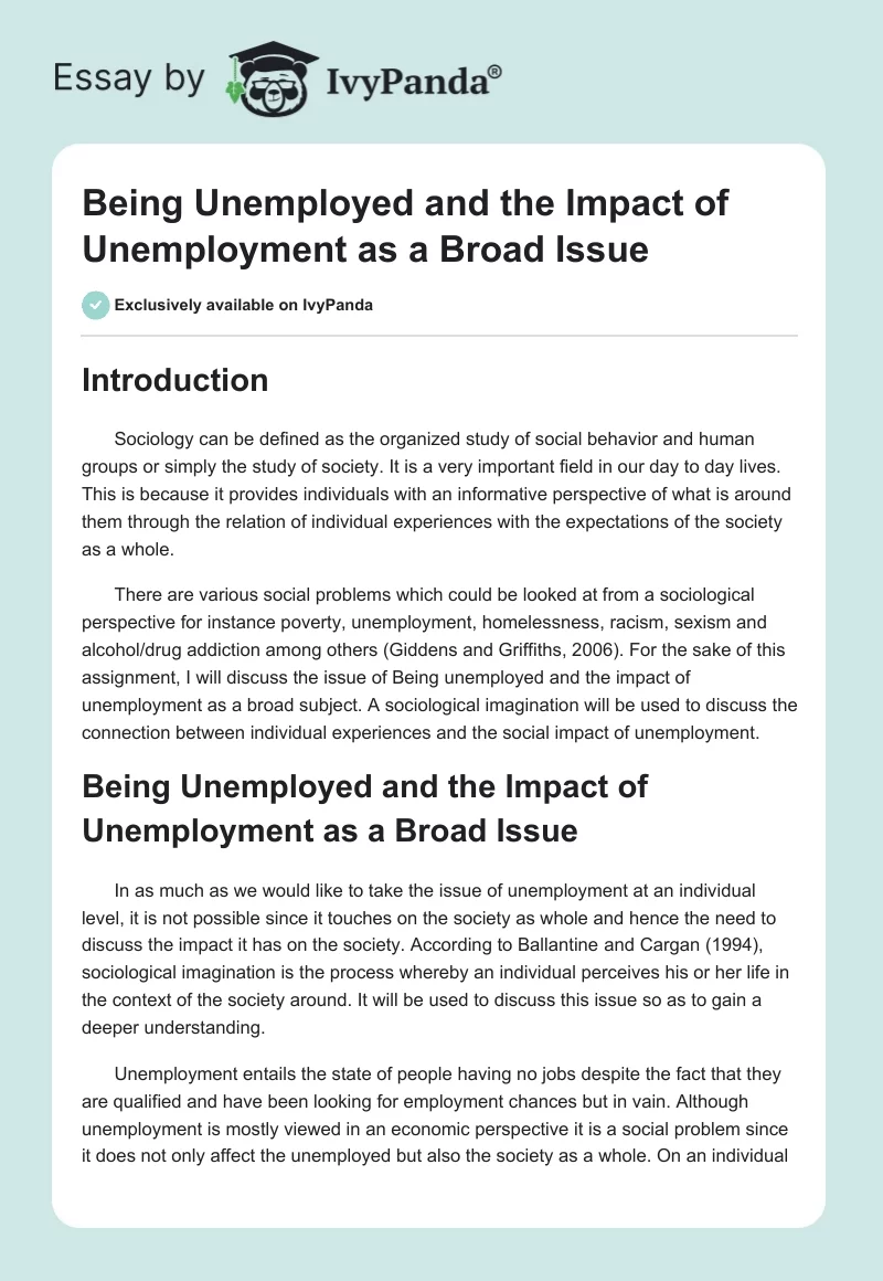 Being Unemployed and the Impact of Unemployment as a Broad Issue. Page 1
