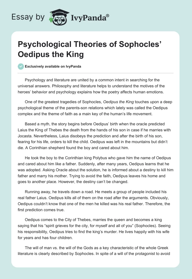 Psychological Theories of Sophocles’ Oedipus the King. Page 1
