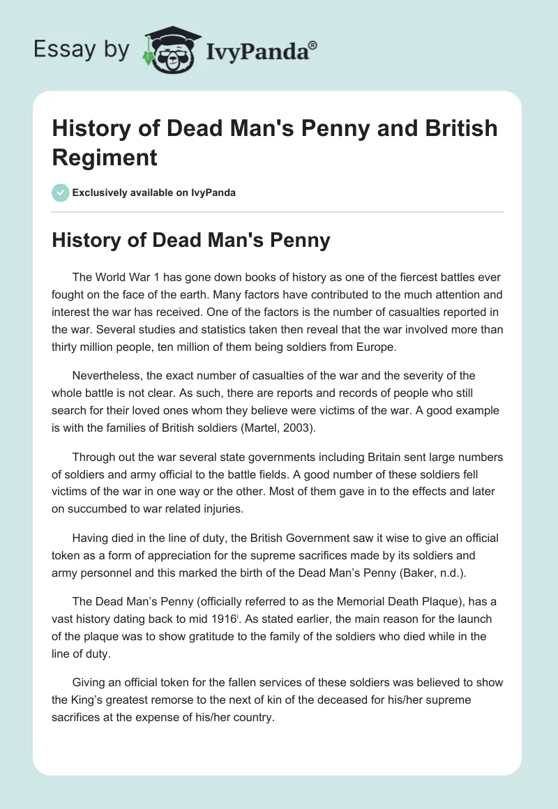History of Dead Man's Penny and British Regiment. Page 1