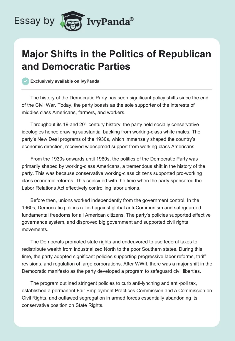 Major Shifts in the Politics of Republican and Democratic Parties. Page 1