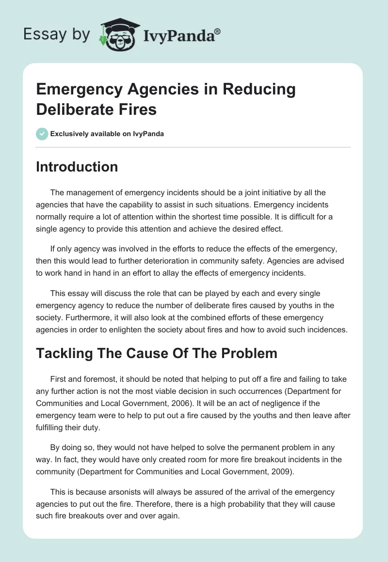 Emergency Agencies in Reducing Deliberate Fires. Page 1