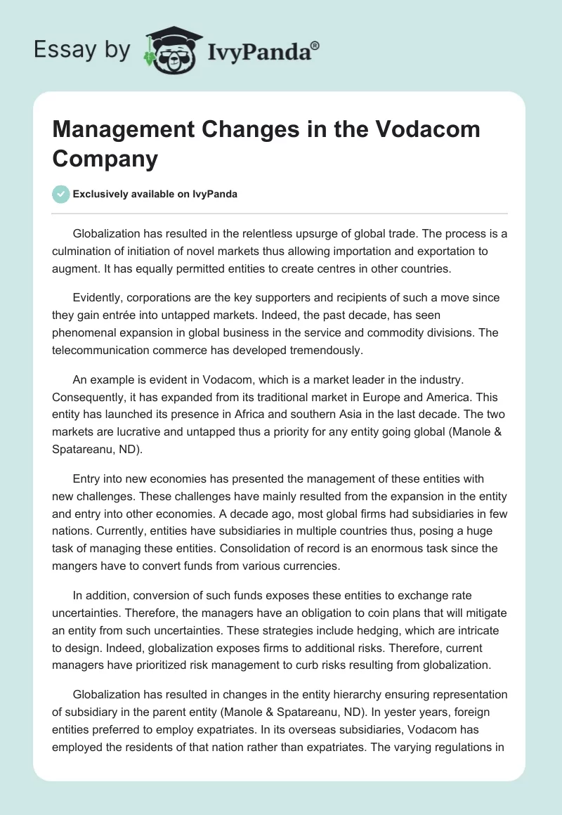Management Changes in the Vodacom Company. Page 1