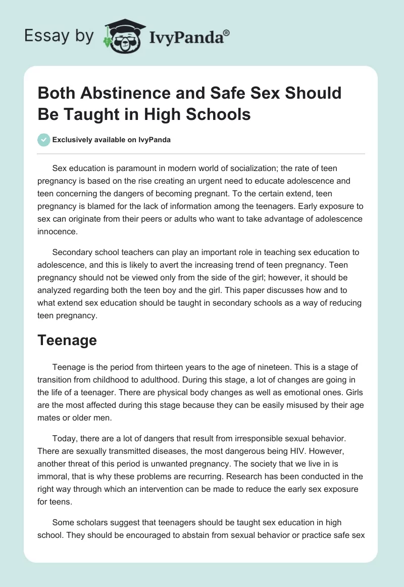 Both Abstinence And Safe Sex Should Be Taught In High Schools 2311