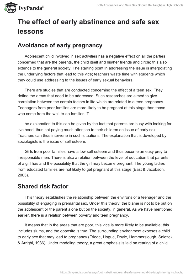 Both Abstinence and Safe Sex Should be Taught in High Schools - 2311 Words  | Research Paper Example