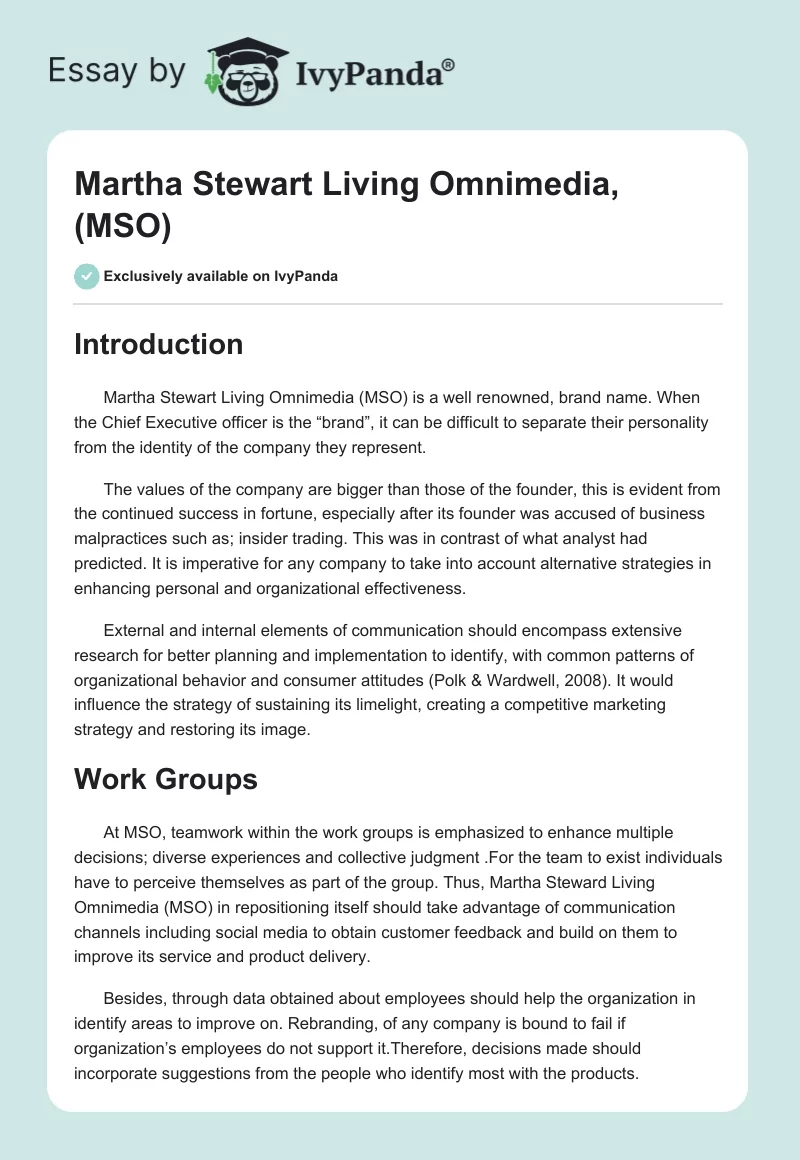 Martha Stewart Living Omnimedia, (MSO). Page 1