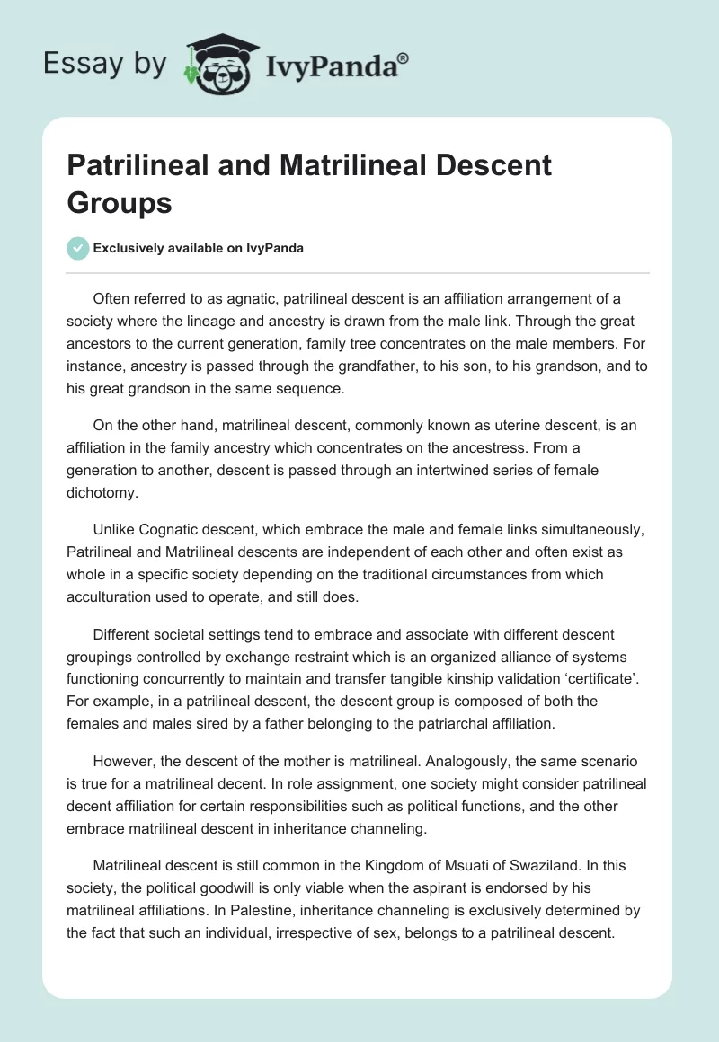 Patrilineal and Matrilineal Descent Groups. Page 1
