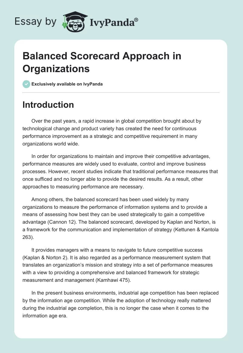 Balanced Scorecard Approach in Organizations. Page 1
