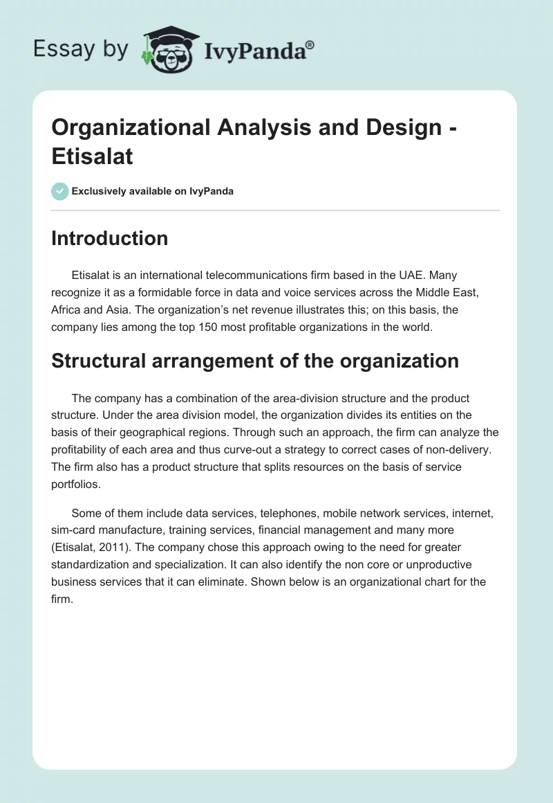 Organizational Analysis and Design - Etisalat. Page 1
