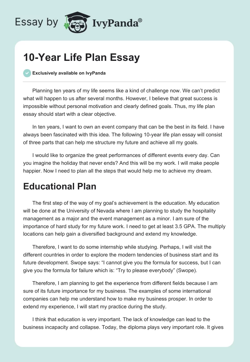 10-Year Life Plan Essay. Page 1