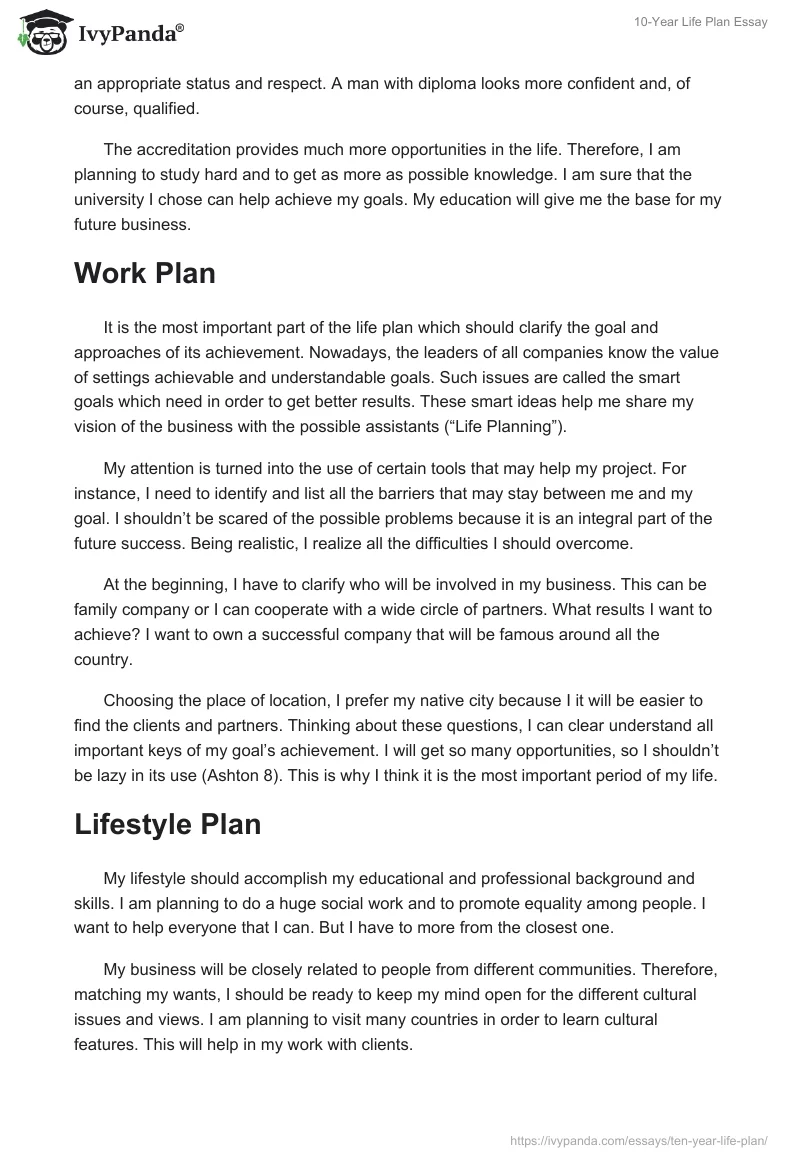 10-Year Life Plan Essay. Page 2