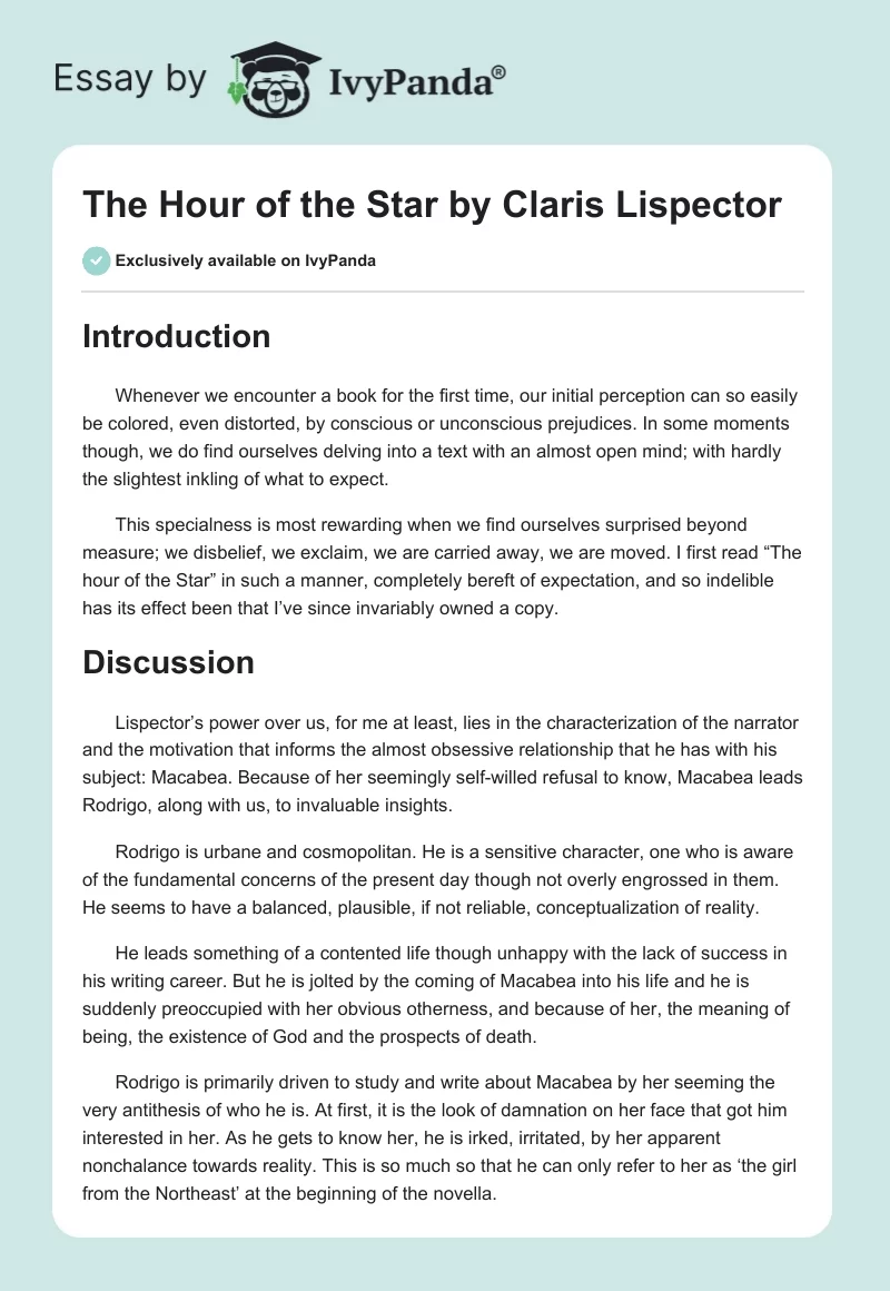 "The Hour of the Star" by Claris Lispector. Page 1