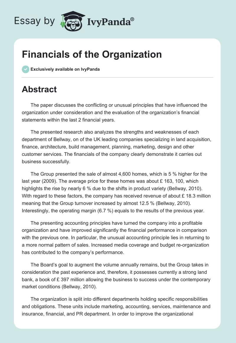 Financials of the Organization. Page 1