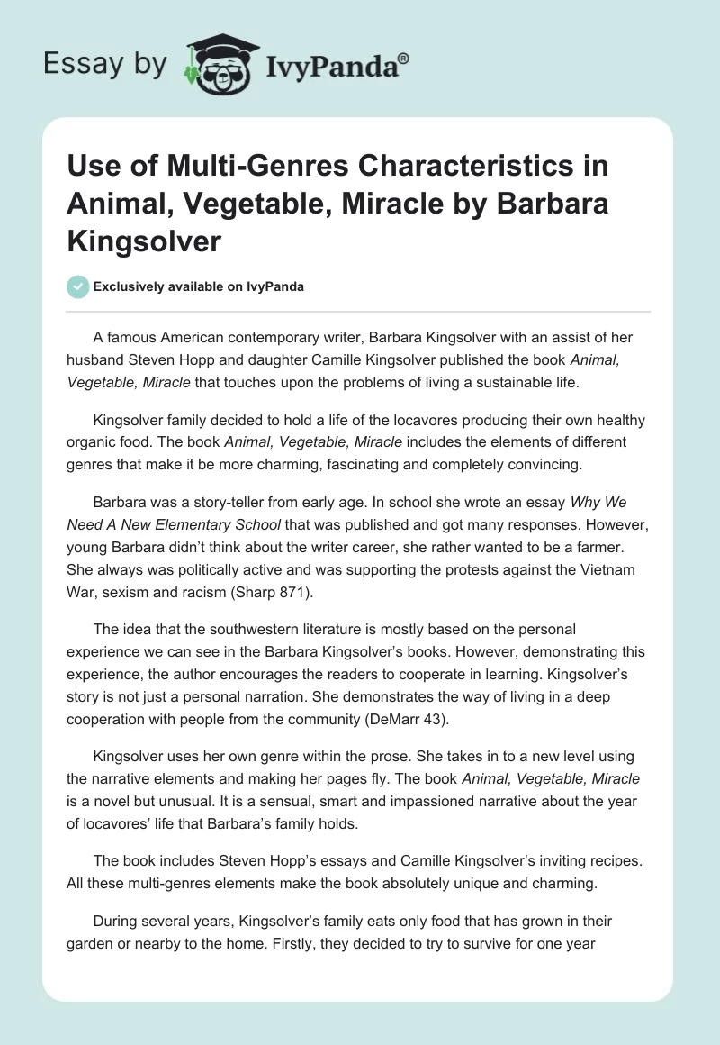 Use of Multi-Genres Characteristics in Animal, Vegetable, Miracle by Barbara Kingsolver. Page 1