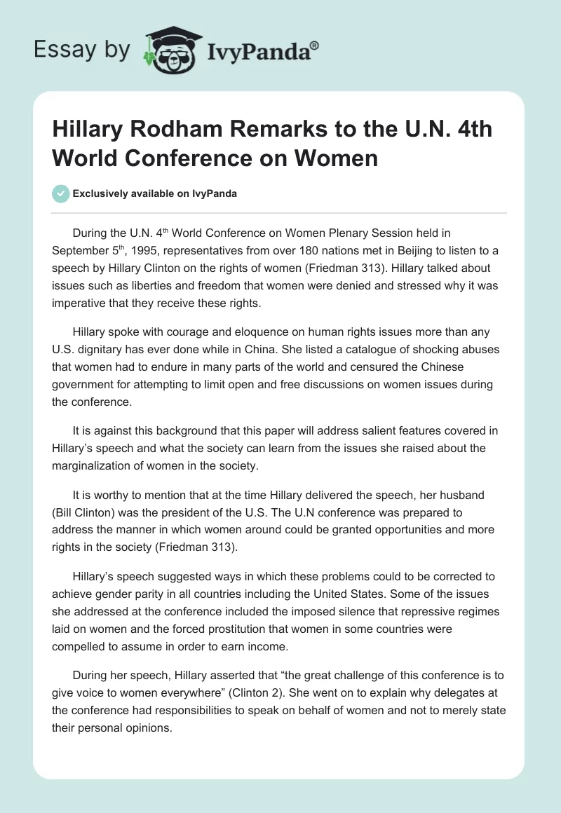 Hillary Rodham Remarks to the U.N. 4th World Conference on Women. Page 1