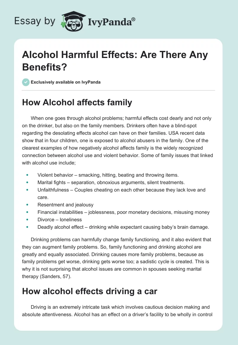Alcohol Harmful Effects: Are There Any Benefits?. Page 1