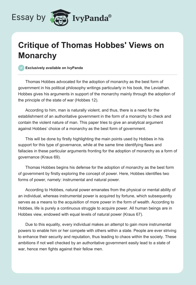 Critique of Thomas Hobbes' Views on Monarchy. Page 1