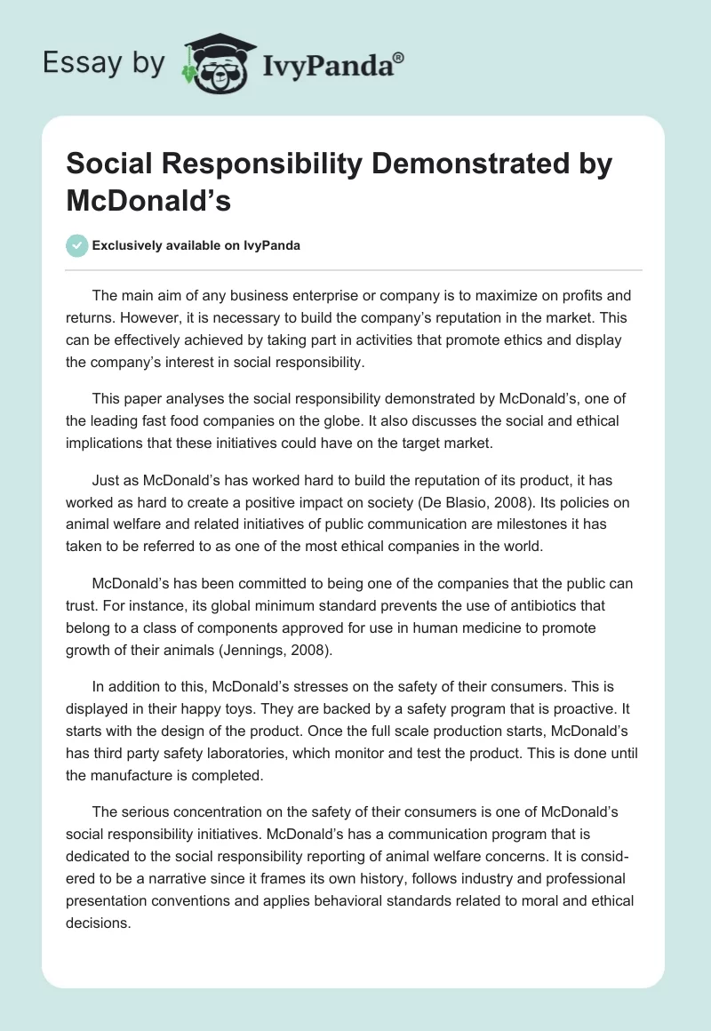 Social Responsibility Demonstrated by McDonald’s. Page 1