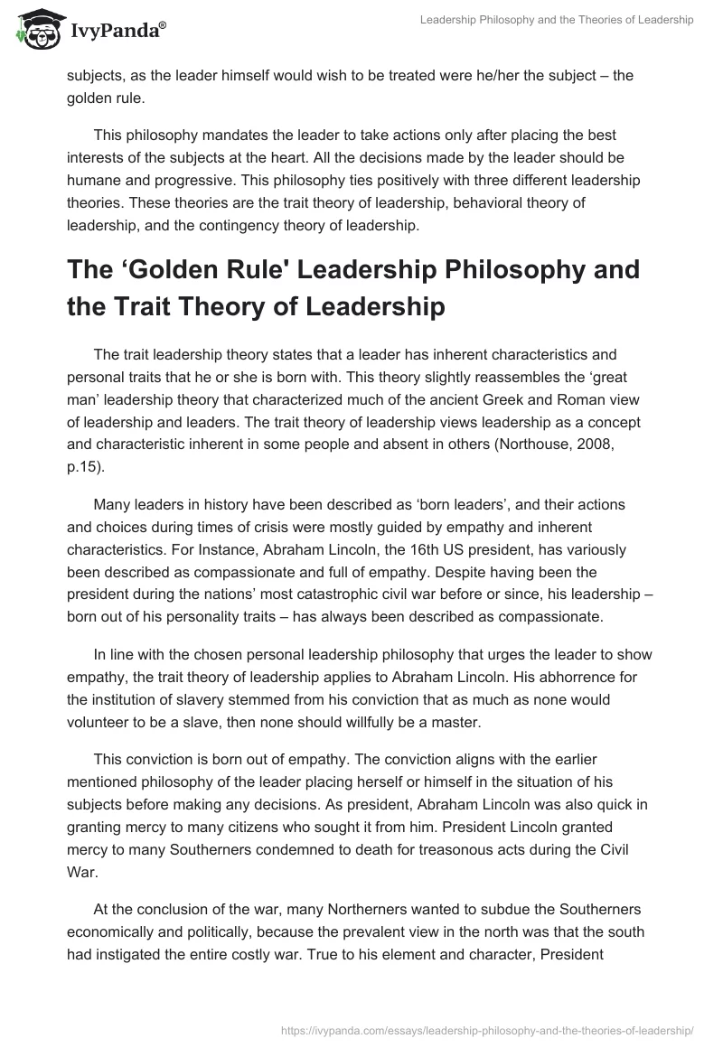 Leadership Philosophy and the Theories of Leadership. Page 2