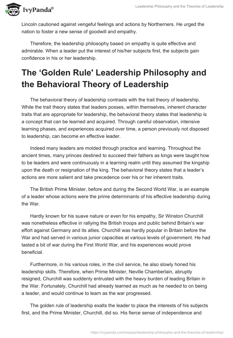 Leadership Philosophy and the Theories of Leadership. Page 3