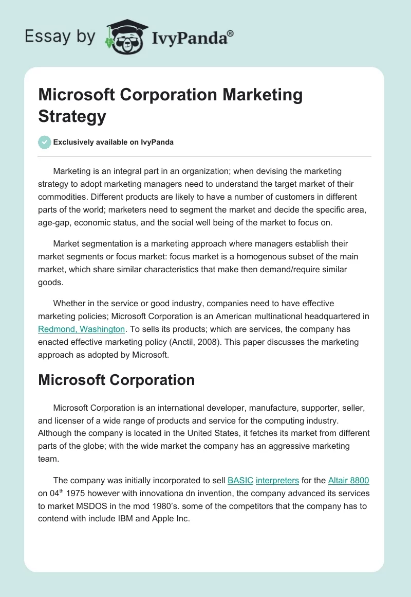 Microsoft Corporation Marketing Strategy. Page 1