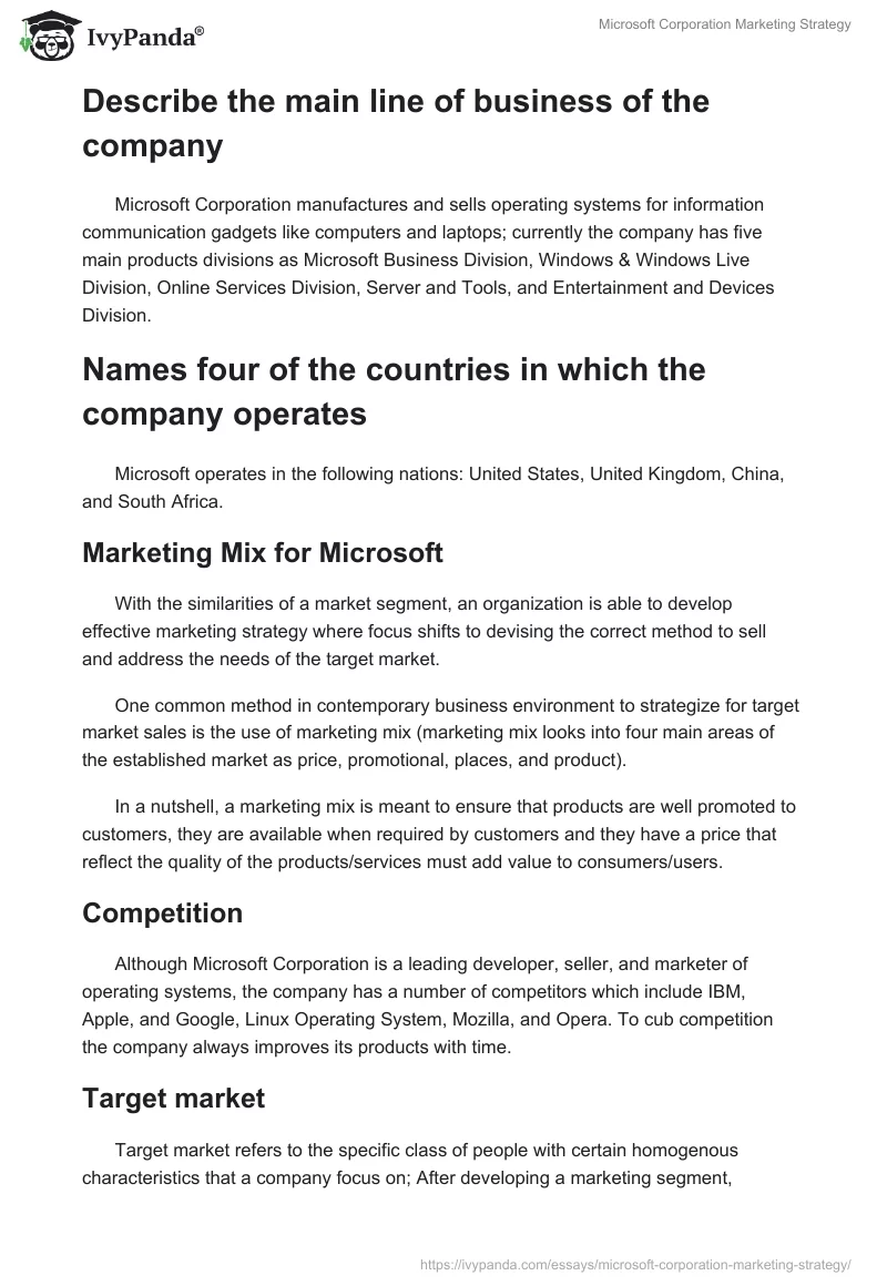 Microsoft Corporation Marketing Strategy. Page 2