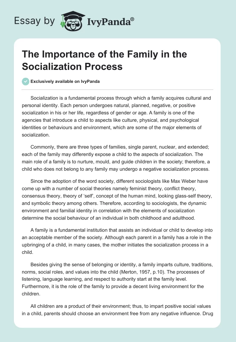 The Role of Family in the Process of Socialization. Page 1