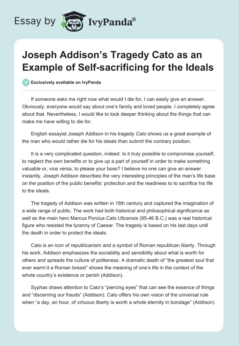 Joseph Addison’s Tragedy Cato as an Example of Self-sacrificing for the Ideals. Page 1