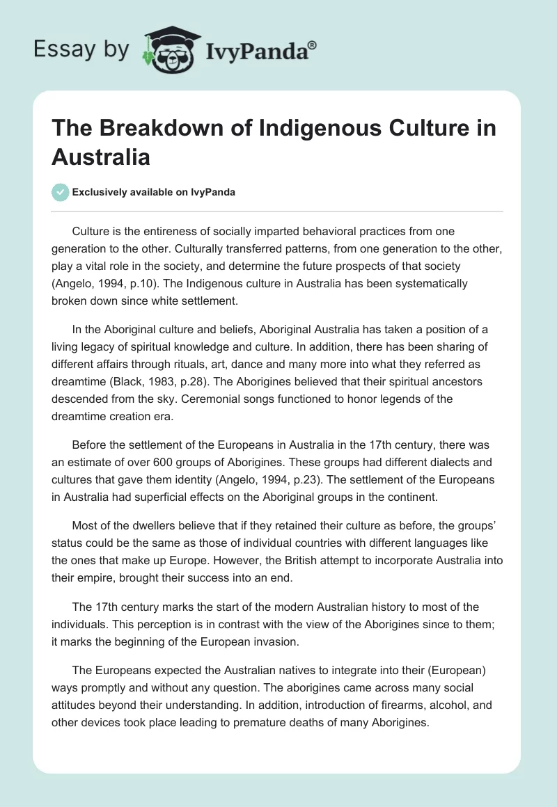The Breakdown of Indigenous Culture in Australia. Page 1