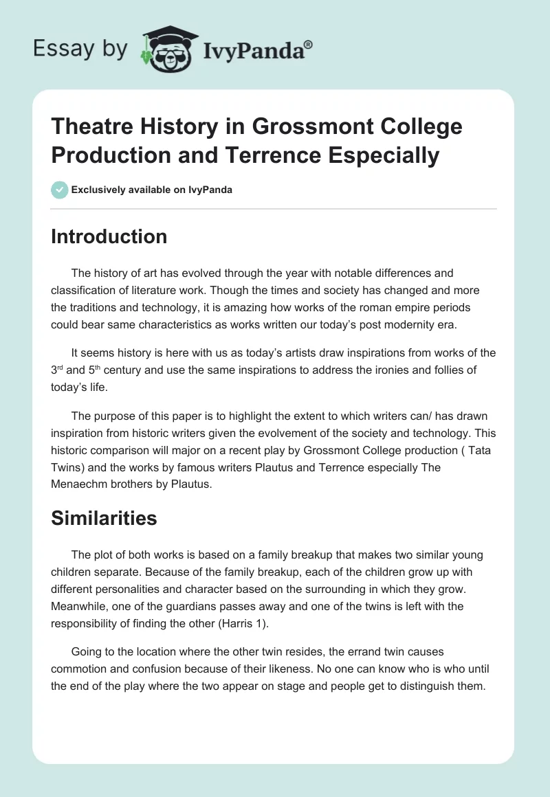 Theatre History in Grossmont College Production and Terrence Especially. Page 1