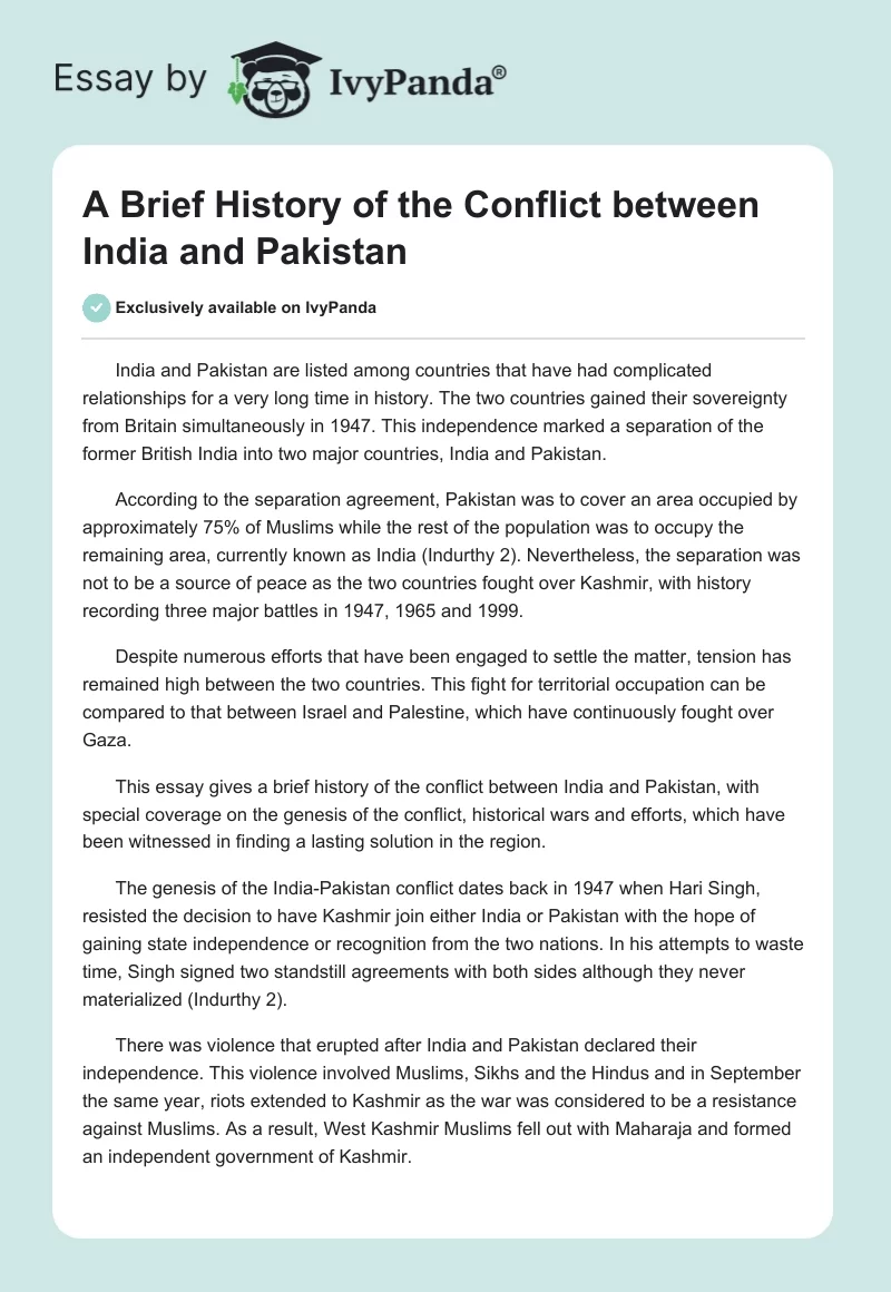 A Brief History of the Conflict Between India and Pakistan. Page 1