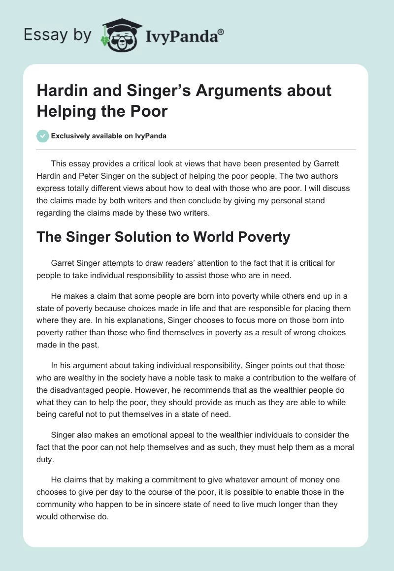 Hardin and Singer’s Arguments about Helping the Poor. Page 1
