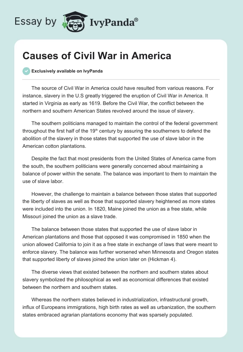 causes of the civil war essay question