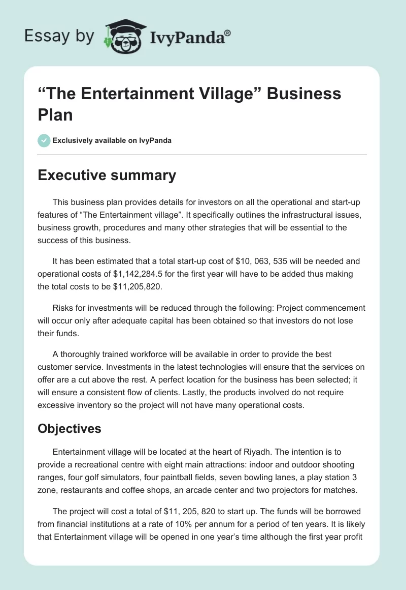 “The Entertainment Village” Business Plan. Page 1