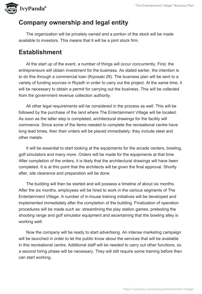 “The Entertainment Village” Business Plan. Page 4