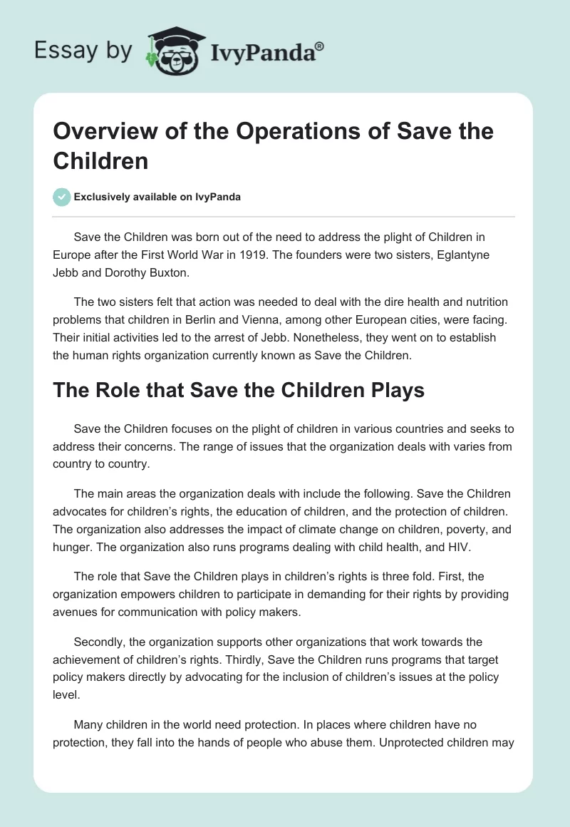Overview of the Operations of Save the Children. Page 1