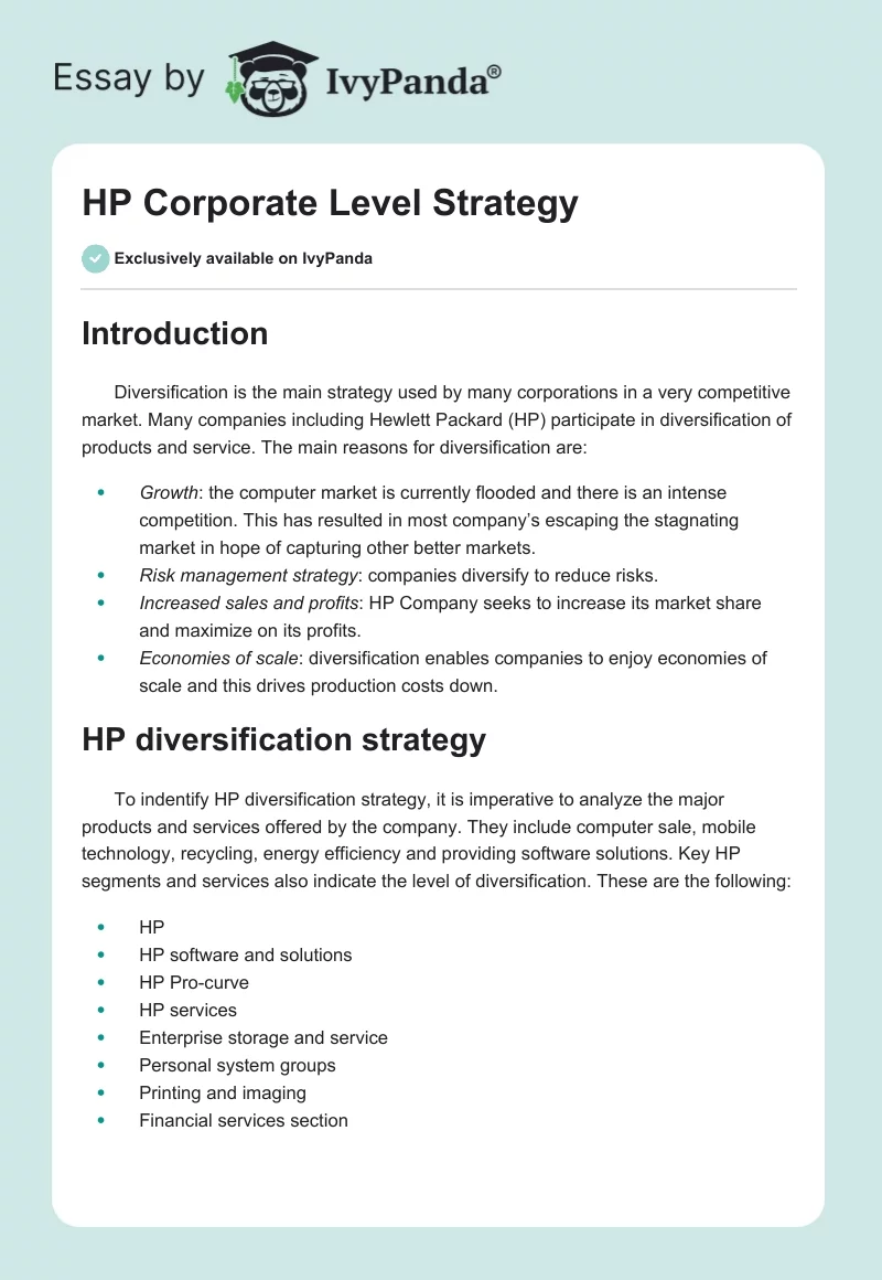 HP Corporate Level Strategy. Page 1