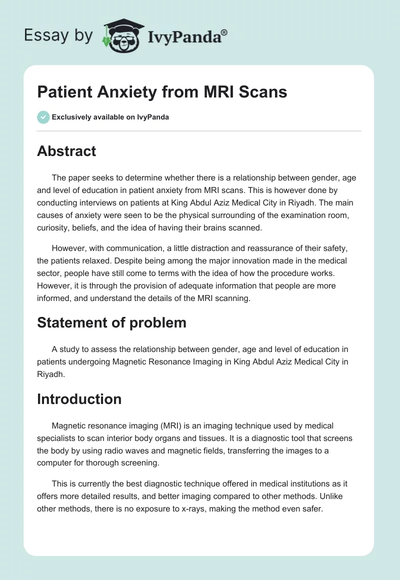 Patient Anxiety From MRI Scans. Page 1
