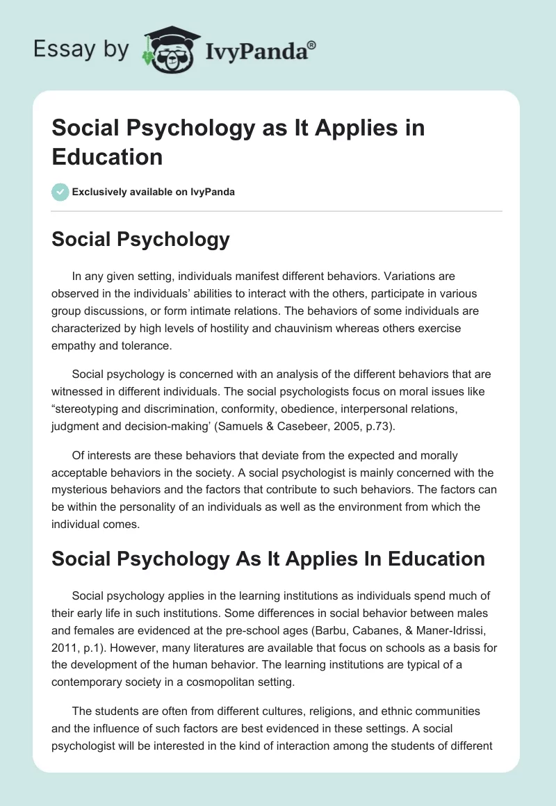 Social Psychology as It Applies in Education. Page 1
