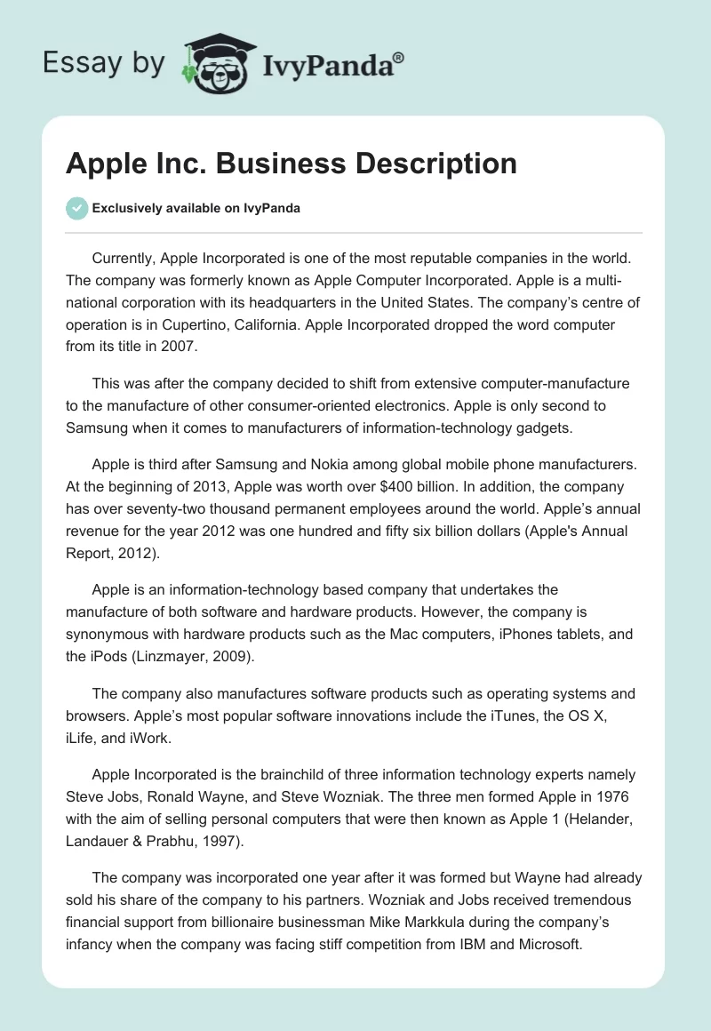 Apple Inc. Business Description. Page 1