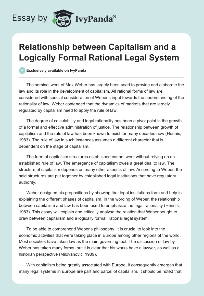 Relationship Between Capitalism and a Logically Formal Rational Legal System. Page 1