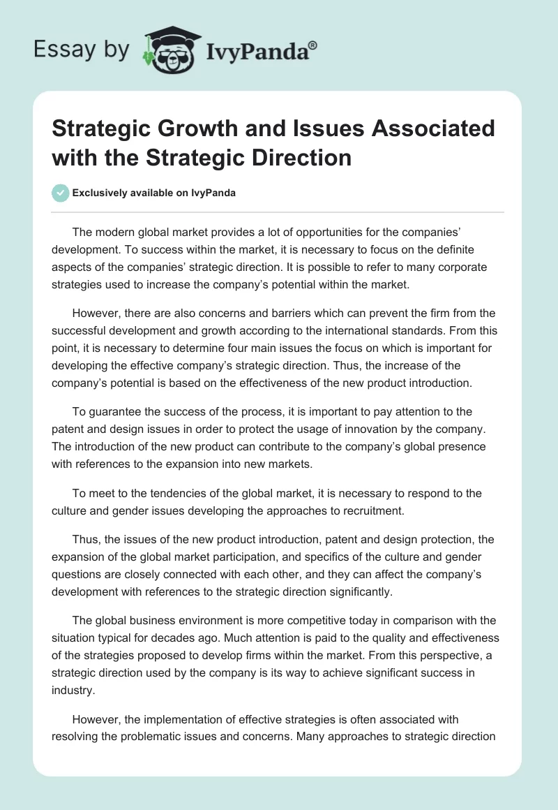 Strategic Growth and Issues Associated with the Strategic Direction. Page 1