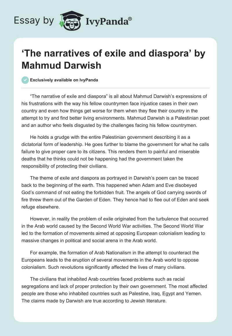‘The narratives of exile and diaspora’ by Mahmud Darwish. Page 1